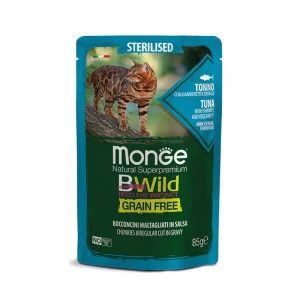 Monge BWild - Gatto Adult -Grain Free – Bocconcini maltagliati in salsa – Tonno con Gamberetti e Ortaggi  85gr