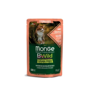 Monge BWild - Gatto Adult - Grain Free – Bocconcini maltagliati in salsa – Salmone con Gamberetti e Ortaggi  85gr