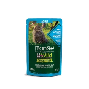 Monge BWild - Grain Free - Gatto Adult – Bocconcini maltagliati in salsa Acciughe con Ortaggi 85gr