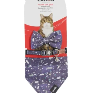 Camon Parure per gatti - collare con bandana e papillon - Blue (Mm/Size:10x230/600)