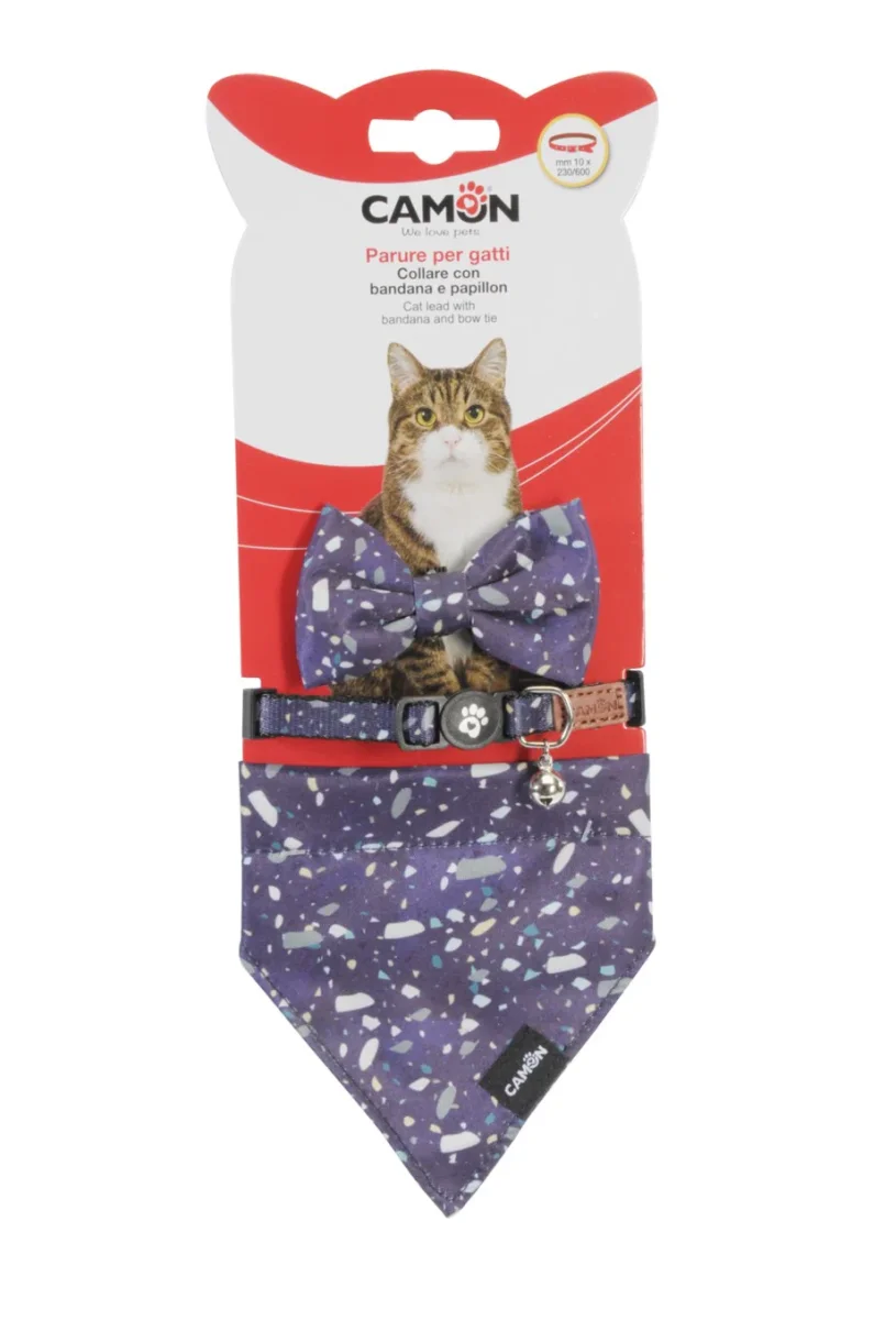 Camon Parure per gatti - collare con bandana e papillon - Blue (Mm/Size:10x230/600) - immagine 2