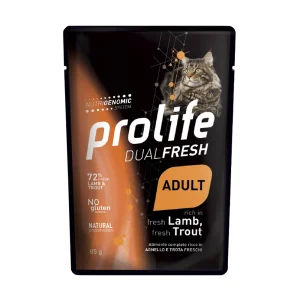 Prolife gatto adult dual fresh Agnello e Trota 85gr umido gatto in bustina