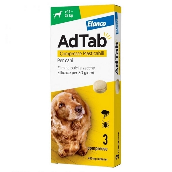 Antiparassitario Compresse Masticabili per Cani Elanco AdTab da 11 a 22kg 450mg 3pz - immagine 2