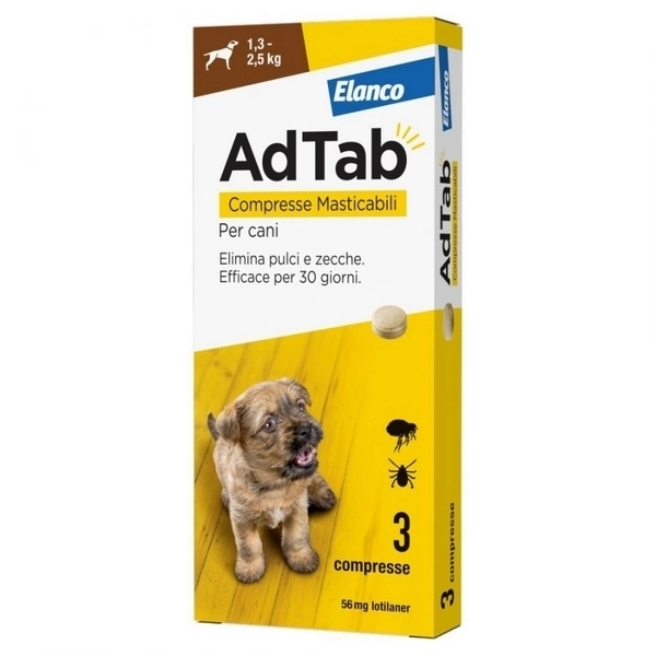 Antiparassitario Compresse Masticabili per Cani Elanco AdTab da 1,3 a 2,5kg 56mg 3pz - immagine 2