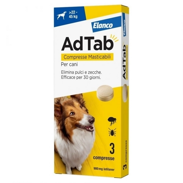 Antiparassitario Compresse Masticabili per Cani Elanco AdTab da 22 a 45kg 900mg 3pz