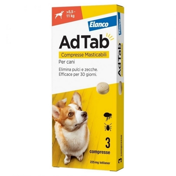 Antiparassitario Compresse Masticabili per Cani Elanco AdTab da 5,5 a 11kg 225mg 3pz