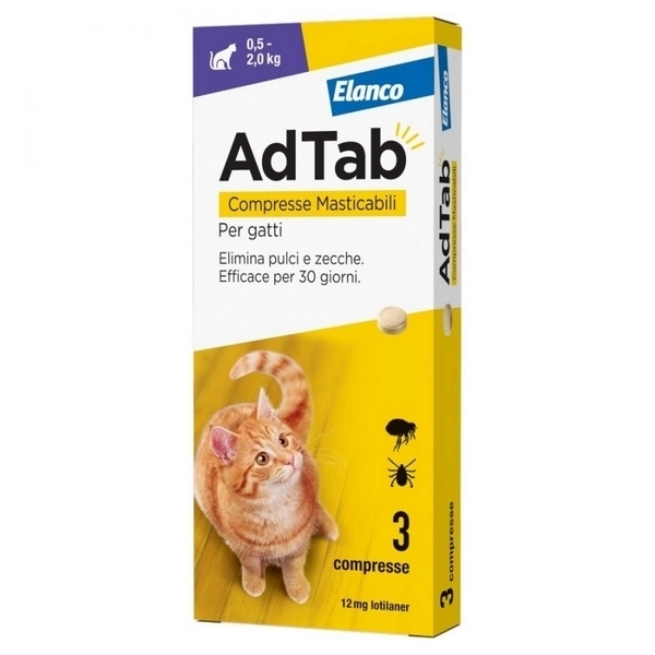 Antiparassitario Compresse Masticabili per Gatti Elanco AdTab da 0,5 a 2kg 12mg 3pz - immagine 2