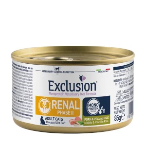 Cibo Umido per Gatti Adulti con Patologie Renali Exclusion Diet Cat Renal Phase II Gusto Maiale, Piselli e Riso 85gr